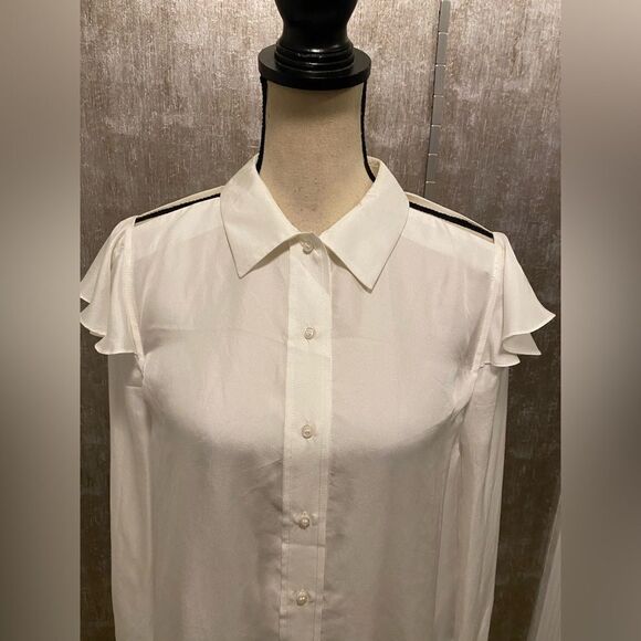 Maje 100% silk open shoulder ruffle blouse, L - Picture 2 of 10